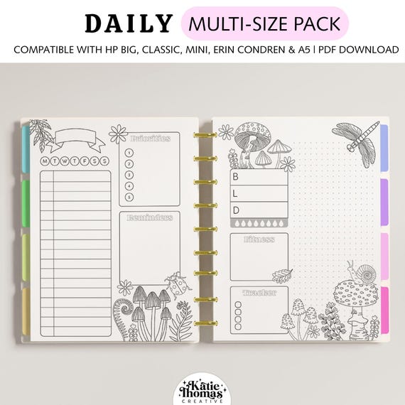 Printable Coloring DAILY Planner Inserts fits Happy Planner Classic, Big & Mini, Erin Condren and A5 Size Planners, Mushroom Garden