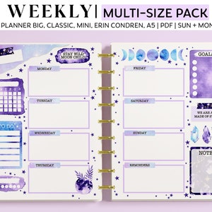 WEEKLY Planner Inserts for Happy Planner Classic, Big & Mini, Erin Condren and A5 Size Planners, Watercolor Moon Printable Planner Pages