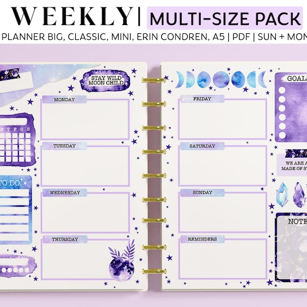 WEEKLY Planner Inserts für Happy Planner Classic, Big & Mini, Erin Condren und A5 Größe Planer, Aquarell Mond Printable Planner Seiten