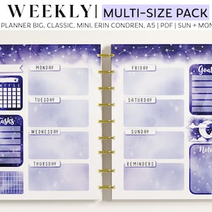 WEEKLY Planner Inserts for Happy Planner Classic, Big & Mini, Erin Condren and A5 Size Planners, Galaxy Printable Planner Pages