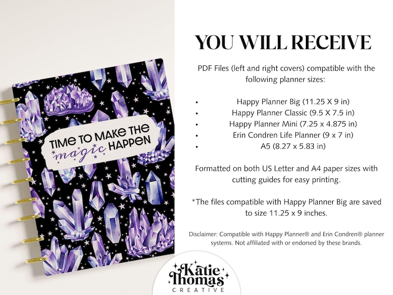 Amethyst Crystal Printable Planner Cover fits Happy Planner Classic, Big, Mini, Erin Condren and A5 Sizes, Magical Witchy Aesthetic image 6
