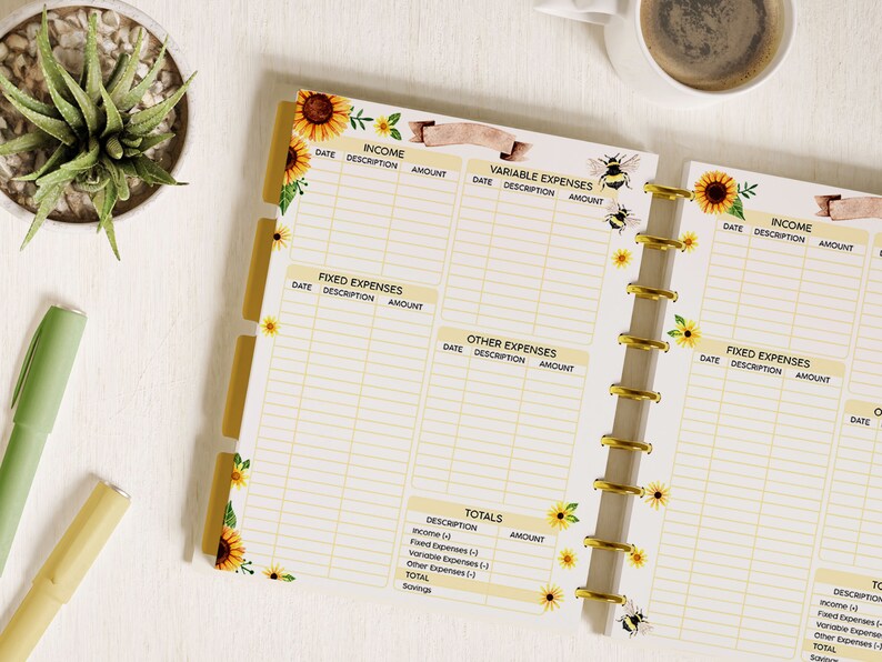 May include: A yellow and white budget planner with sunflower and bee illustrations. The planner has sections for income, fixed expenses, variable expenses, and other expenses. It also has a totals section for tracking income and expenses.