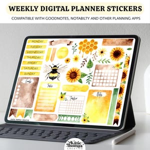 Digital Planner Stickers – Sunflower & Bee Weekly Kit for Goodnotes and Android | 39 Watercolor Aesthetic Stickers for Digital Journals
