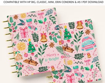 May include: Two planner covers with a pink background and a repeating pattern of Christmas trees, stockings, gifts, bells, sweaters, cinnamon sticks, and greenery. The text reads COVER, MULTI-SIZE PACK, COMPATIBLE WITH HP BIG, CLASSIC, MINI, ERIN CONDREN & A5 | PDF DOWNLOAD, and Merry & Bright.