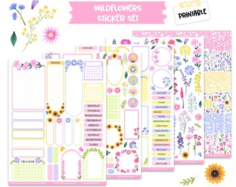 Printable Planner and Journal Sticker Kit, Weekly and Monthly Sticker Kit, Aesthetic and Functional Spring Wildflowers