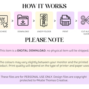 May include: A digital download guide with instructions on how to purchase, download, unzip, print, and cut out a printable design. The guide includes icons for each step and the text "HOW IT WORKS" and "PLEASE NOTE".