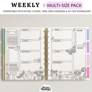 Insertos imprimibles para colorear para planificadores semanales, compatibles con los planificadores Happy Planner Classic, Big & Mini, Erin Condren y tamaño A5, Mushroom Garden.