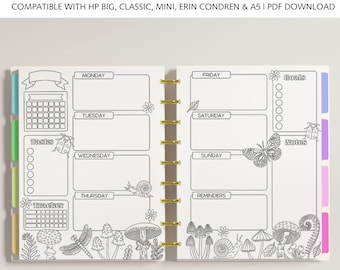 Printable Colouring WEEKLY Planner Inserts fits Happy Planner Classic, Big & Mini, Erin Condren and A5 Size Planners, Mushroom Garden