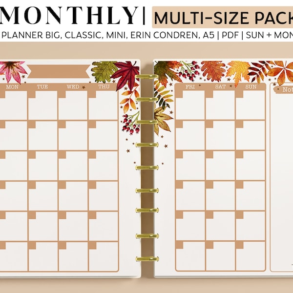 MONTHLY Planner Pages for Happy Planner Classic, Big & Mini, Erin Condren and A5 Size Planners, Autumn Leaves Printable Planner Pages