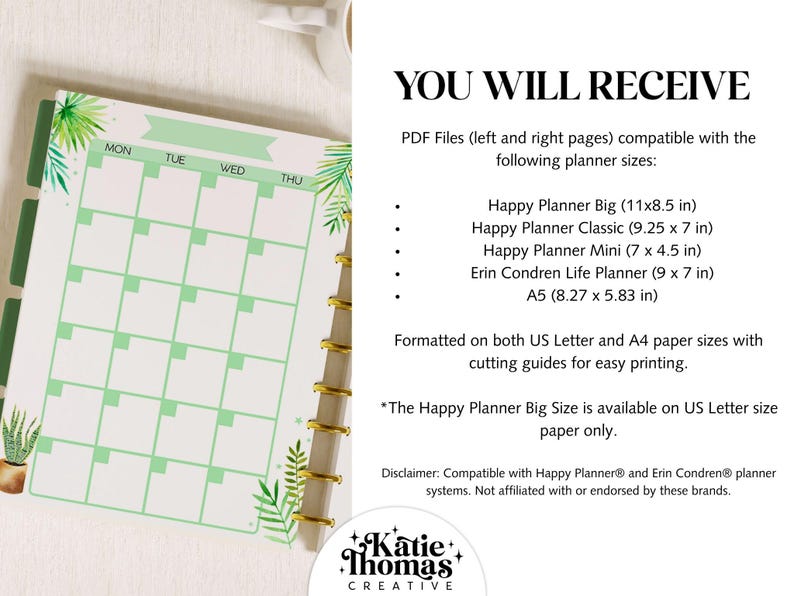 MONTHLY Printable Planner Inserts fits Happy Planner Classic, Big, Mini, Erin Condren and A5 Sizes, Plant Lady, Plant Aesthetic image 5