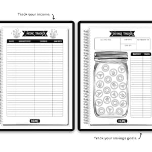 May include: A spiral-bound planner with two pages showing an Income Tracker and a Savings Tracker. The Income Tracker has columns for date, description, source, and amount. The Savings Tracker features a jar illustration with coins and a deposit log.