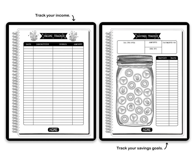 May include: A spiral-bound planner with two pages showing an Income Tracker and a Savings Tracker. The Income Tracker has columns for date, description, source, and amount. The Savings Tracker features a jar illustration with coins and a deposit log.