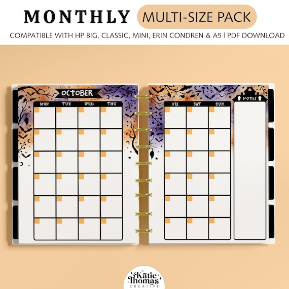Halloween Planner Printable – Monthly Inserts fits HP Big, Classic, Mini, A5 & EC Planners – Spooky and Witchy Layout
