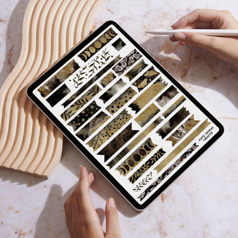 Black and Gold Digital Planner Stickers, Watercolor Washi Tape Set, PNG ...