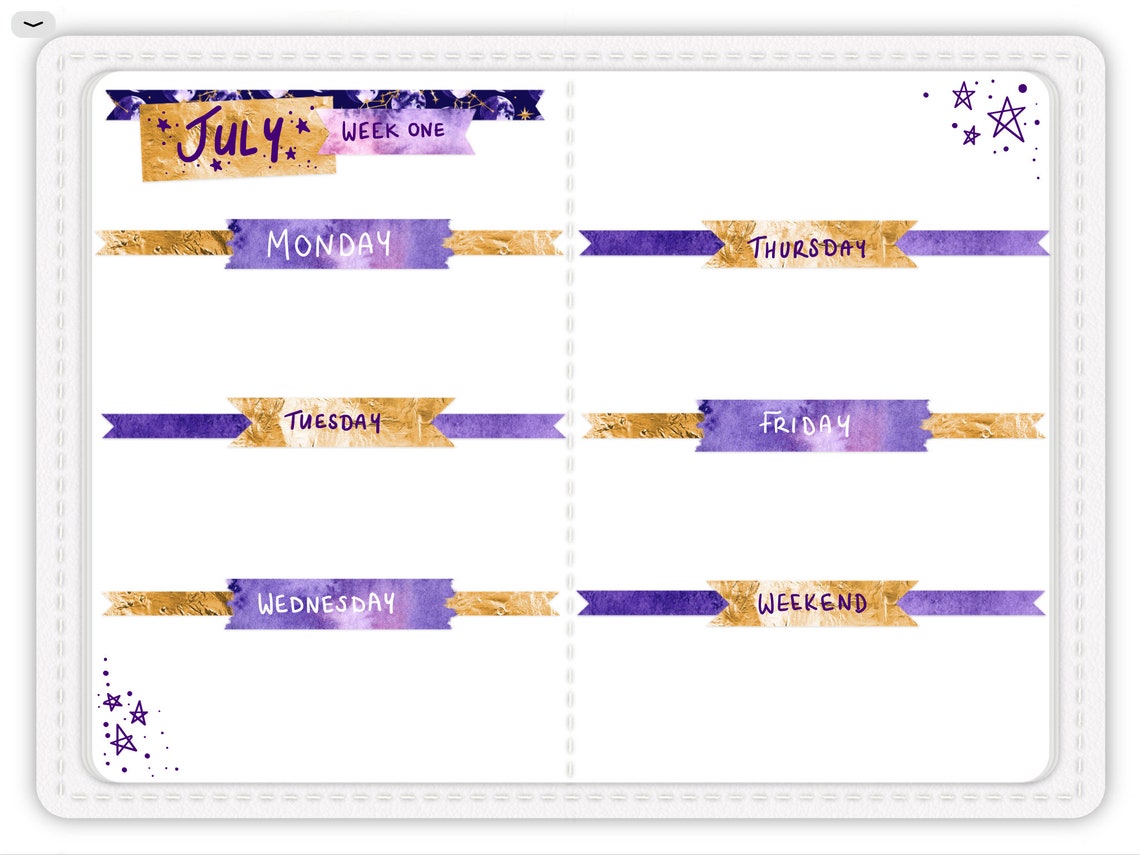 Moon and Stars Digital Planner Stickers Watercolor Washi Tape | Etsy
