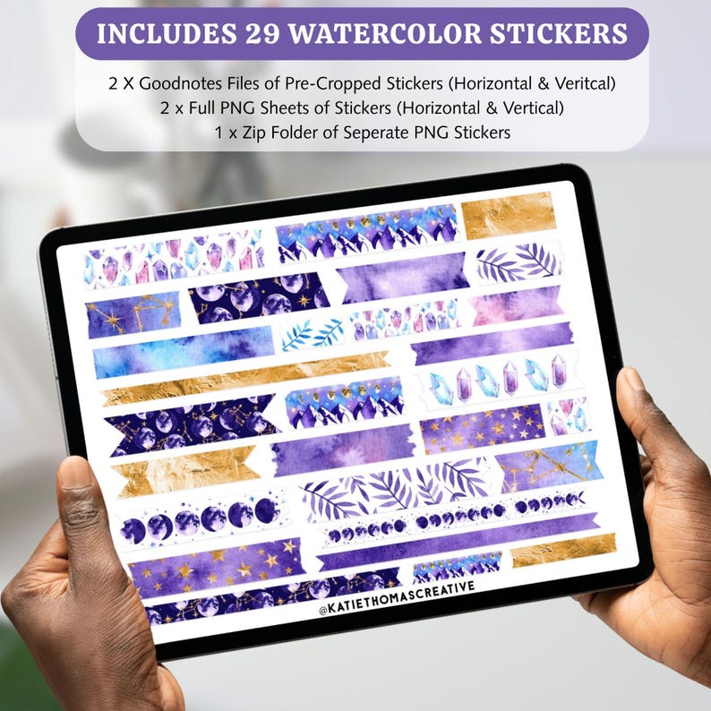 Moon and Stars Digital Planner Stickers, Watercolor Washi Tape Set, PNG ...