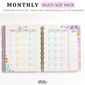 MONTHLY Planner Inserts fits Happy Planner Classic, Big & Mini, Erin Condren and A5 Size Planners, Rainbow Floral Planner Pages