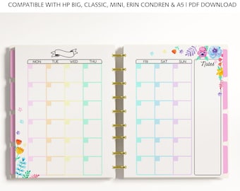 May include: A monthly planner insert with a multi-size pack layout, featuring a grid for days of the week, a notes section, and floral illustrations. The text reads MONTHLY MULTI-SIZE PACK COMPATIBLE WITH HP BIG, CLASSIC, MINI, ERIN CONDREN & A5 | PDF DOWNLOAD.