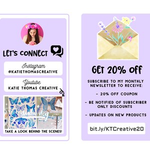 May include: A purple and white graphic with a floral illustration and the text "Get 20% off". Subscribe to the monthly newsletter to receive a 20% off coupon, be notified of subscriber-only discounts, and get updates on new products. The text "bit.ly/KTCreative20" is included.