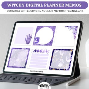 Bloc de notas digital con pegatinas, papelería con estética de bruja morada, bloc de notas con lista de tareas, planificadores digitales y accesorios para diarios.