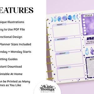 May include: A digital planner page featuring a purple celestial theme with moon phases, crystals, and star accents. The layout includes sections for goals, notes, and daily entries for Friday, Saturday, and Sunday, with the text 'WE ARE ALL MADE OF STARS'.