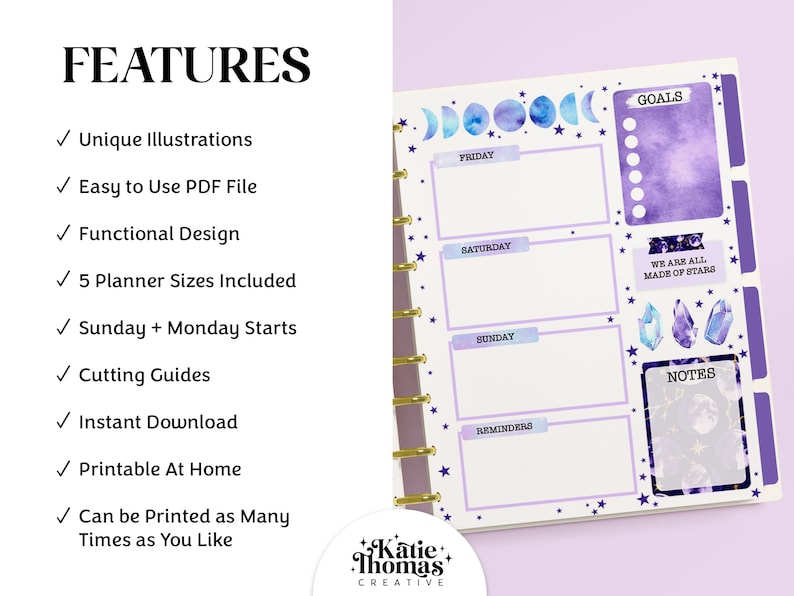 May include: A digital planner page featuring a purple celestial theme with moon phases, crystals, and star accents. The layout includes sections for goals, notes, and daily entries for Friday, Saturday, and Sunday, with the text 'WE ARE ALL MADE OF STARS'.