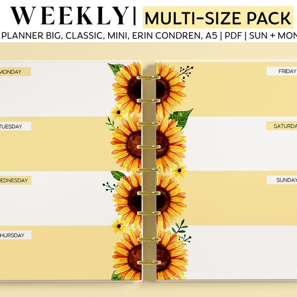 WEEKLY Planner Inserts for Happy Planner Classic, Big & Mini, Erin Condren and A5 Size Planners, Watercolor Sunflower Printable Pages