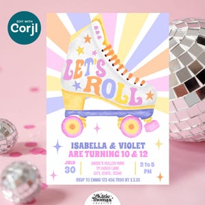 Retro Roller Skate Joint Birthday Invitation, Disco Theme Editable Party Template, Twins or Besties Invite for Girls