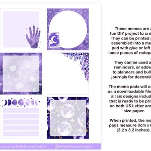 May include: Six printable memo pad designs featuring a purple and white color scheme with celestial and mystical themes. The designs include a hand with an eye, crystals, moons, and stars. The memo pads are 3.2 inches by 3.2 inches.