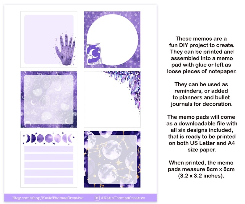 May include: Six printable memo pad designs featuring a purple and white color scheme with celestial and mystical themes. The designs include a hand with an eye, crystals, moons, and stars. The memo pads are 3.2 inches by 3.2 inches.