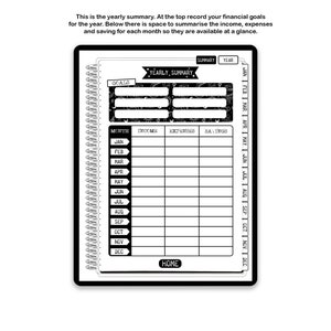 May include: A black and white digital yearly summary planner page featuring a spiral binding on the left. The layout includes a section for goals, a table for monthly income, expenses, and savings, and tabs for navigation labeled Summary, Year, and months.