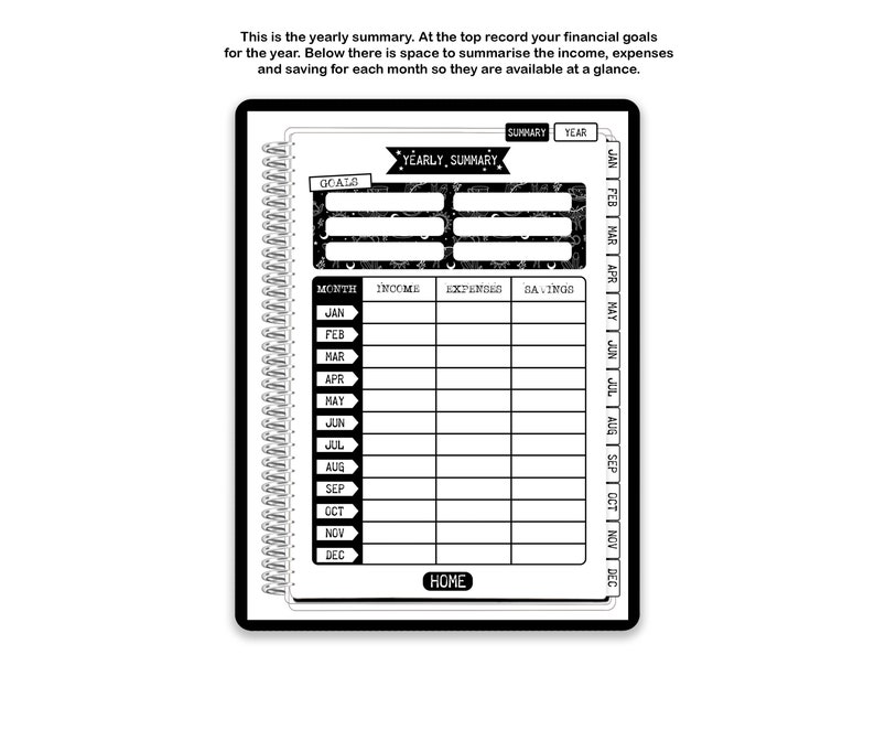 May include: A black and white digital yearly summary planner page featuring a spiral binding on the left. The layout includes a section for goals, a table for monthly income, expenses, and savings, and tabs for navigation labeled Summary, Year, and months.