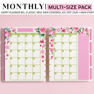 MONTHLY Planner Pages for Happy Planner Classic, Big & Mini, Erin Condren and A5 Size Planners, Spring Floral Printable Planner Pages