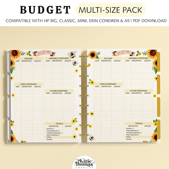 Financial Planner Printable – Sunflower Budget Inserts fits A5 & Happy Planner Classic, Big and Mini