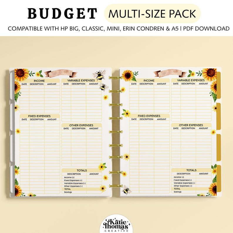 Financial Planner Printable – Sunflower Budget Inserts fits A5 & Happy Planner Classic, Big and Mini image 1