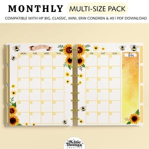 MONTHLY Planner Pages fits Happy Planner Classic, Big, Mini, Erin Condren & A5 Size Planners, Sunflowers and Bees Printable Planner Refills