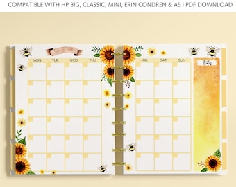MONTHLY Planner Pages fits Happy Planner Classic, Big, Mini, Erin Condren & A5 Size Planners, Sunflowers and Bees Printable Planner Refills