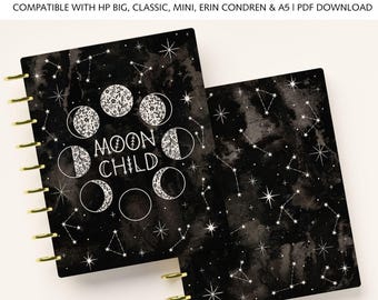 Printable Planner Cover fits Classic Happy Planner, Mini Happy Planner, Big Happy Planner, Erin Condren & A5 Sizes: Moon Child Lunar Phases