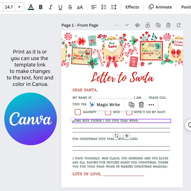 Kids Christmas Letter to Santa With Watercolor Illustrations | Editable ...