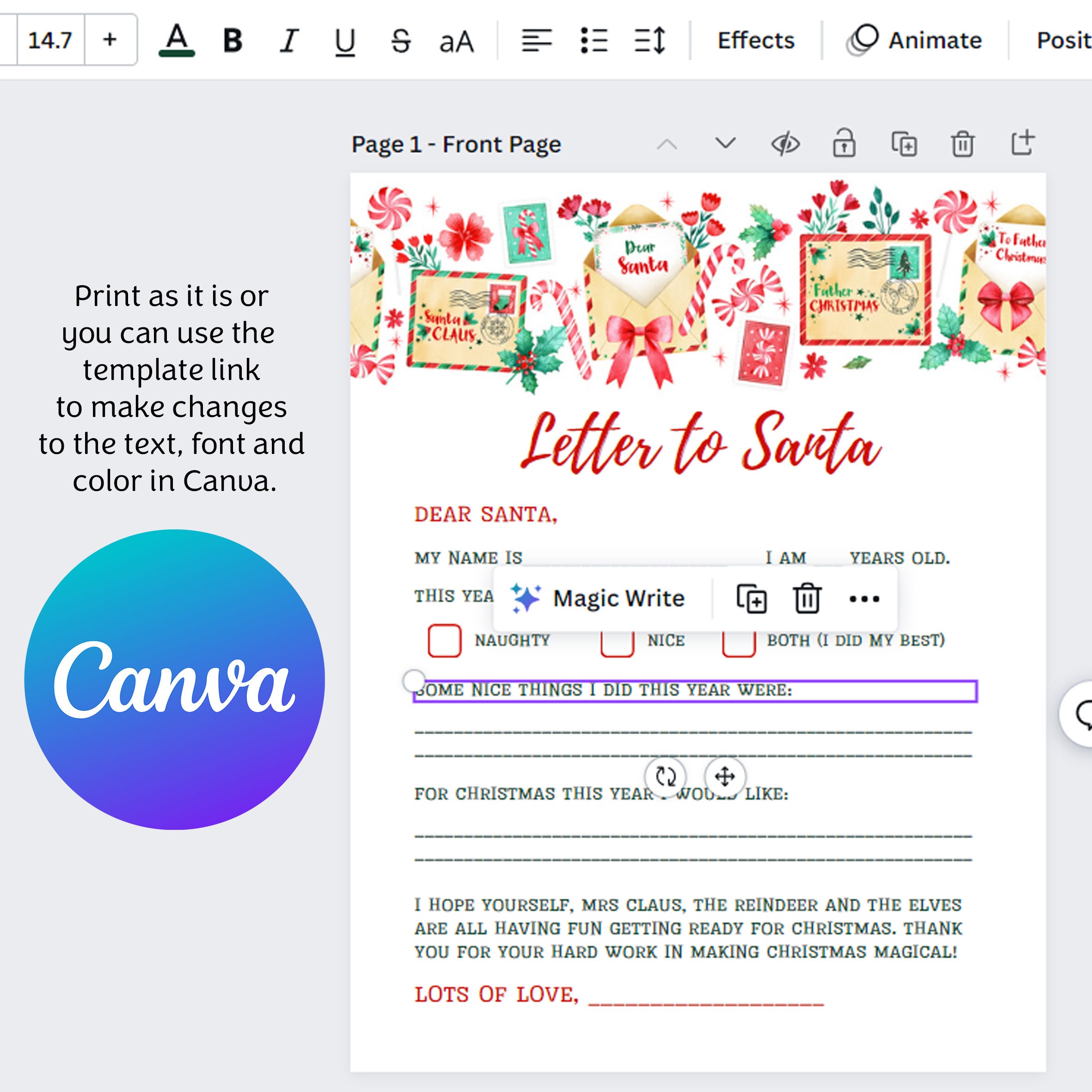 Kids Christmas Letter to Santa With Watercolor Illustrations | Editable ...