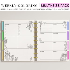 Printable Coloring DASHBOARD WEEKLY Planner Inserts for Happy Planner Classic, Big & Mini, Erin Condren and A5 Size Planners, Mushrooms