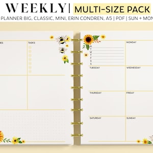 WEEKLY DASHBOARD Planner Inserts for Happy Planner Classic, Big & Mini, Erin Condren and A5 Size Planners, Sunflowers and Bees Planner Pages