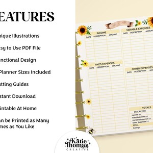 May include: A printable budget planner with a yellow and white floral design. The planner includes sections for income, fixed expenses, variable expenses, and other expenses. It also includes a totals section for tracking income and expenses.