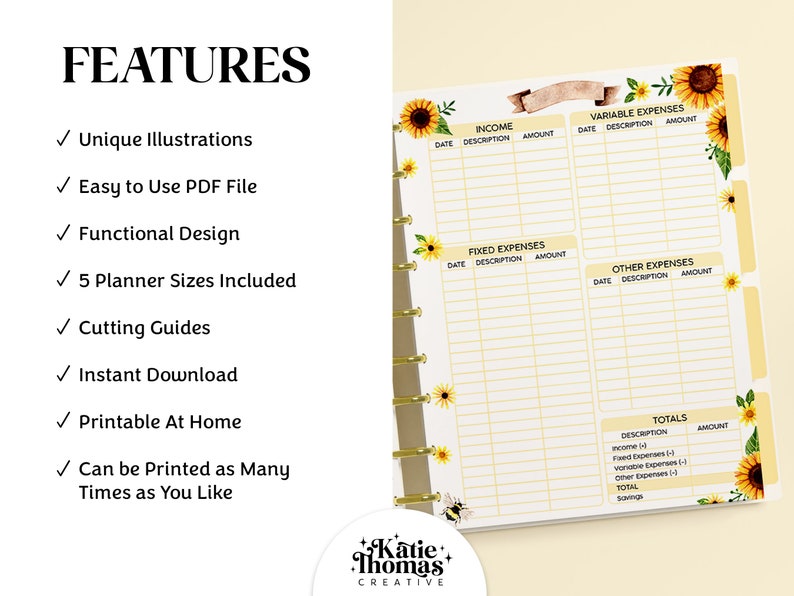 May include: A printable budget planner with a yellow and white floral design. The planner includes sections for income, fixed expenses, variable expenses, and other expenses. It also includes a totals section for tracking income and expenses.
