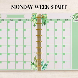 May include: A weekly planner with a green and white color scheme. The planner has a Monday week start and includes spaces for each day of the week, as well as a notes section. The planner is decorated with green leaves and plants.
