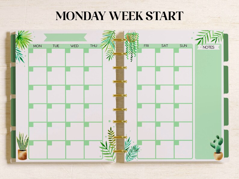 May include: A weekly planner with a green and white color scheme. The planner has a Monday week start and includes spaces for each day of the week, as well as a notes section. The planner is decorated with green leaves and plants.