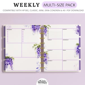 WEEKLY DASHBOARD Planereinlagen passend für Happy Planner Classic, Big & Mini, Erin Condren + A5 Size Planners, Watercolor Purple Glyzinien