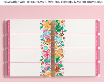 May include: A weekly planner insert with a multi-size pack design. The pages feature a central vertical column of watercolor Christmas illustrations including sweaters, bells, gifts, stockings, and oranges. Text includes WEEKLY, MULTI-SIZE PACK, and days of the week.
