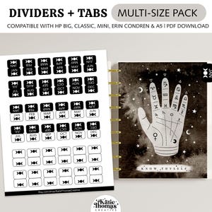 May include: A digital printable set of planner dividers and tabs featuring black and white moon phase designs, month labels, and a palmistry-themed divider with the text "KNOW THYSELF" and zodiac symbols, compatible with various planner systems.