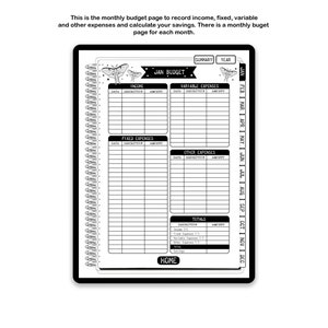 May include: A digital monthly budget planner page with a black and white moth theme. The layout includes sections for income, fixed expenses, variable expenses, other expenses, and totals. Tabs for each month from January to December are visible.